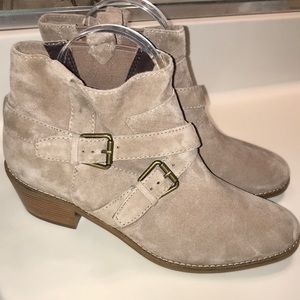 Cole Haan Grand OS Women’s Suede Beige Buckle Detail Heeled Ankle Booties